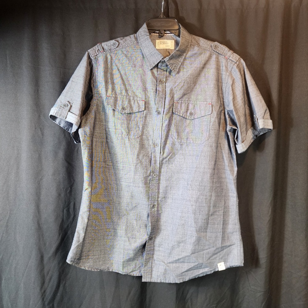 Free Planet Men's Short Sleeve Button‎ Down Shirt Blue Chambray Size Large